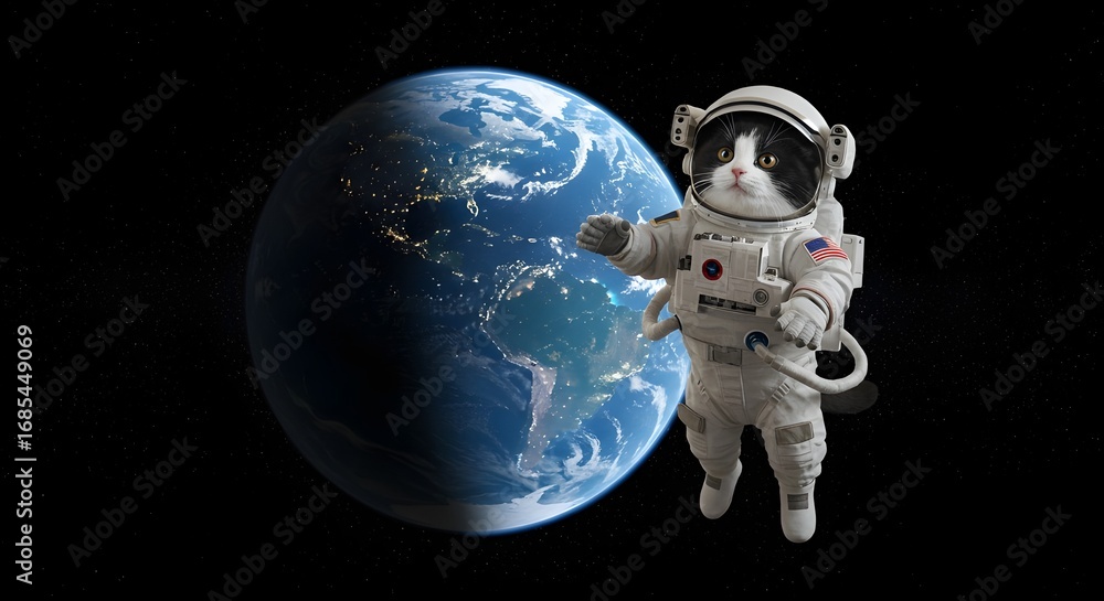 Naklejka premium Photo of a cat floating in space wearing an astronaut suit, with the earth in the background