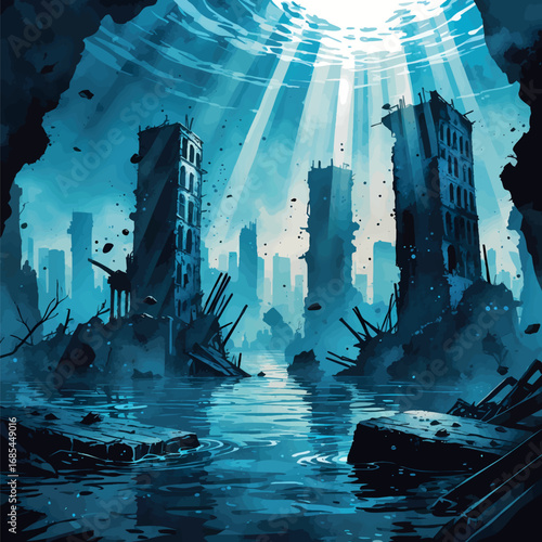 Watercolor submerged city ruins with floating debris and mysterious light rays