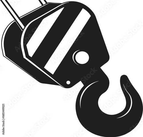 A detailed illustration of a heavy-duty crane hook in black and white