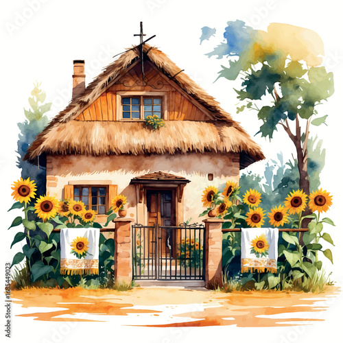 Watercolor traditional Ukrainian village house with sunflowers and embroidered decor