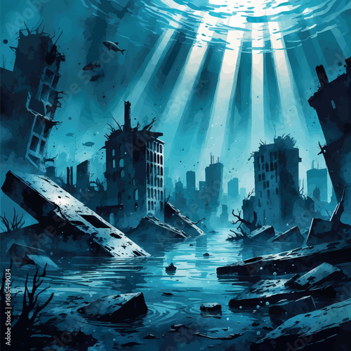 Watercolor submerged city ruins with floating debris and mysterious light rays