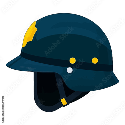 Vector art of dark blue police helmet with yellow badge and strap