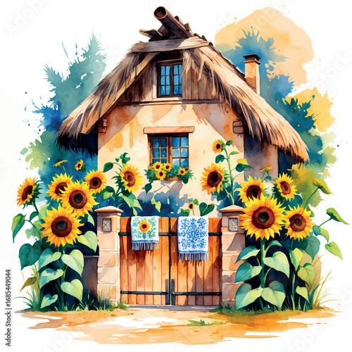 Watercolor traditional Ukrainian village house with sunflowers and embroidered decor