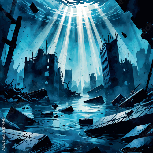 Watercolor submerged city ruins with floating debris and mysterious light rays