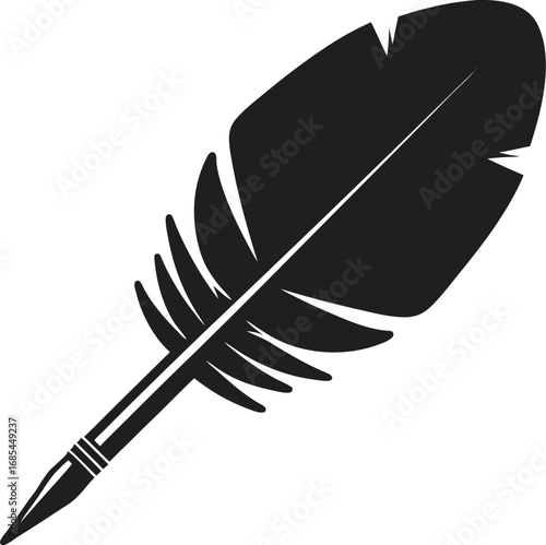 A classic, black feather for writing and creative expression. The feather is elegantly designed with detailed lines and a timeless appeal. This symbol evokes thoughts of history, literature.