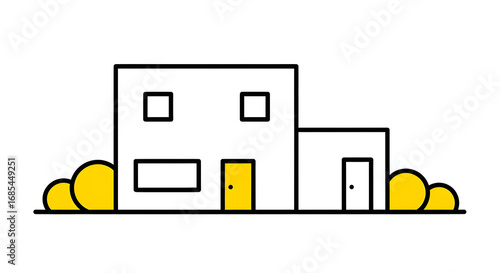 Stylized residence illustration depicting minimalistic design and yellow shrubbery accentuation