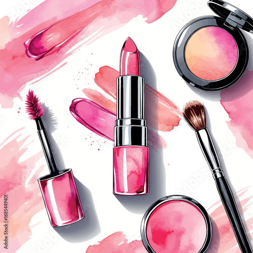 Watercolor vector flat lay of makeup essentials – lipstick, brush, mirror, and palette in pink tones, isolated