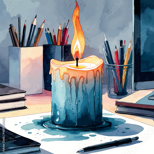 Watercolor vector of melted candle near office items, symbolic metaphor of burnout and overwork, isolated