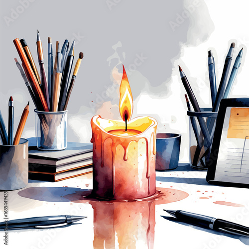 Watercolor vector of melted candle near office items, symbolic metaphor of burnout and overwork, isolated
