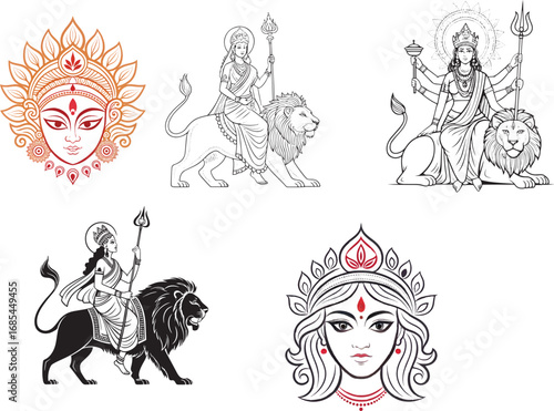 Elegant Line Art Depicting Hindu Goddess Durga and Lion