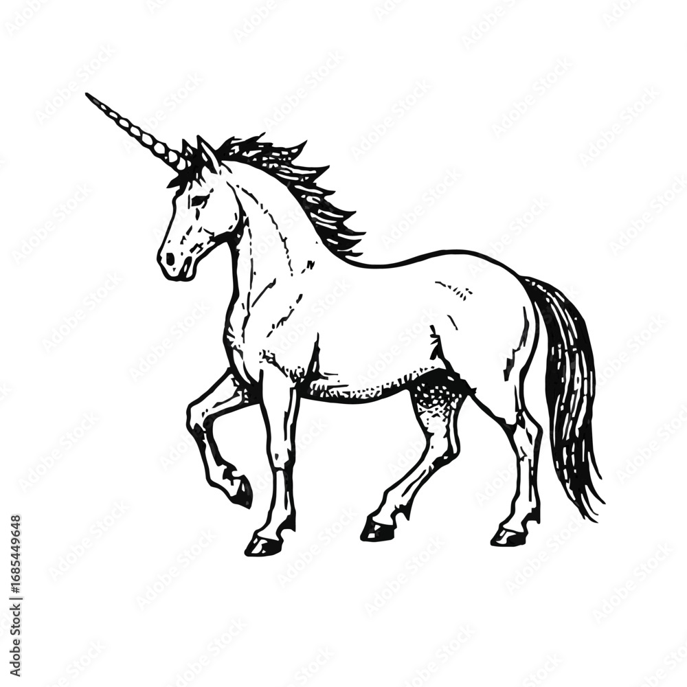 Obraz premium Vector art of a majestic unicorn, a mythical creature with a single horn on its forehead, depicted in a detailed black and white illustration