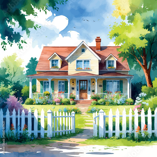 Watercolor vector of cozy family house with garden and picket fence, isolated on white