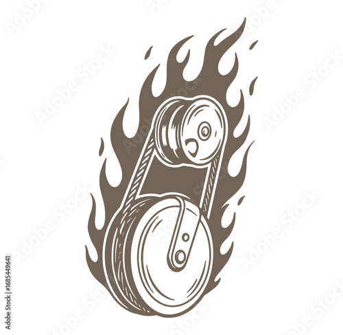 Illustration of a pulley system encircled by flames representing power and speed