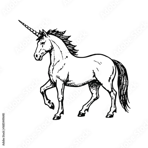 Vector art of a majestic unicorn, a mythical creature with a single horn on its forehead, depicted in a detailed black and white illustration