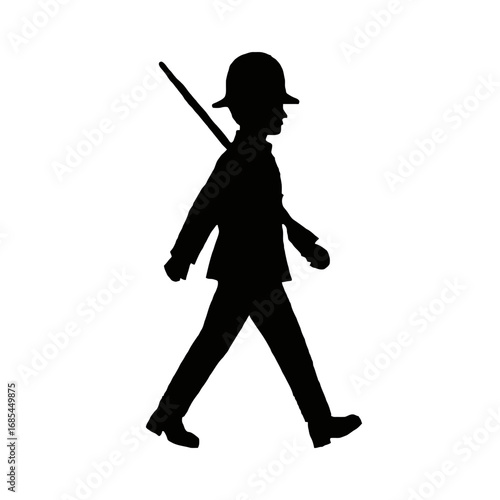 Vector art of silhouette of a soldier in uniform with a hat and rifle, marching