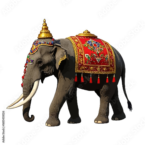Vector art of an ornate elephant adorned with traditional ceremonial decorations, isolated on a transparent background