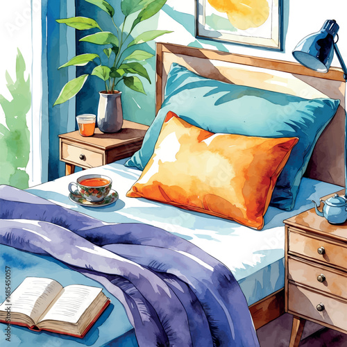 Watercolor vector of rest corner for exam stress recovery – nap setup with tea and books, isolated