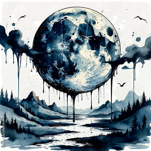 Watercolor vector of bleeding moon over surreal distorted landscape, symbolic nightmare concept