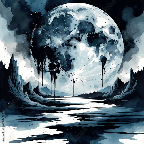 Watercolor vector of bleeding moon over surreal distorted landscape, symbolic nightmare concept