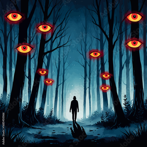Watercolor vector of person walking through dark forest with glowing eyes, surreal nightmare scene, isolated