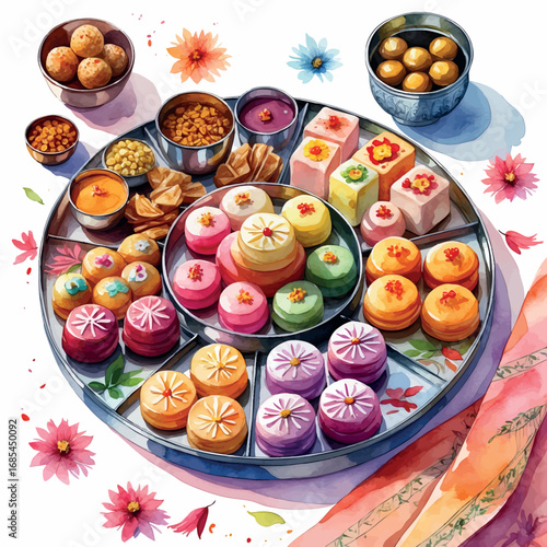 Watercolor vector of assorted Indian sweets platter with laddoo and jalebi, isolated