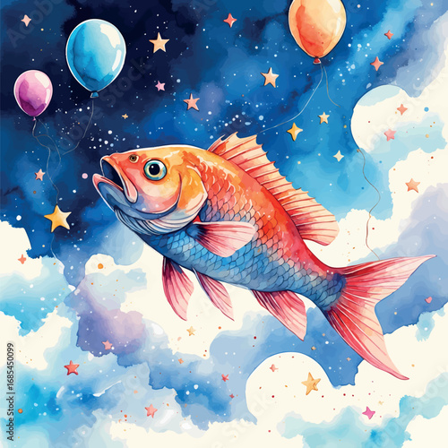 Watercolor vector of surreal fish flying through sky with balloons and stars, isolated dreamy concept