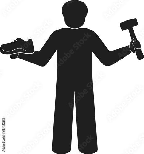 Shoe repair silhouette, shows a person holding a shoe and a hammer