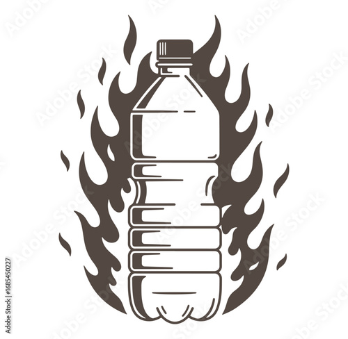 Plastic water bottle surrounded by flames representing environmental concerns and damage.