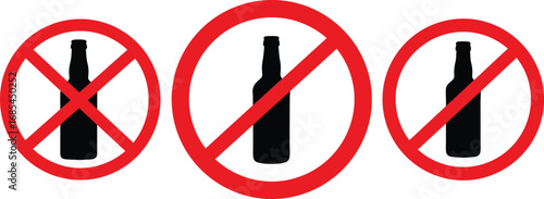 Three red circles with crossed lines and bottle silhouettes no alcohol silhouette