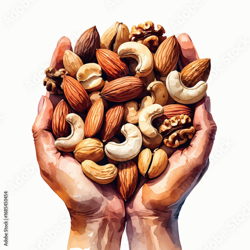Watercolor vector of mixed nuts including almonds, walnuts, and cashews, healthy fats, isolated