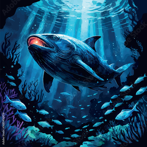 Watercolor vector of glowing leviathan swimming in deep ocean, mysterious underwater scene, isolated