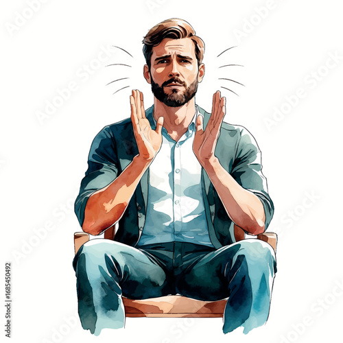 Watercolor vector of male client expressing emotions during psychotherapy session, emotional support, isolated