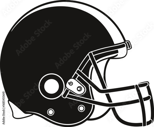 A black and white image of an american football helmet, ready for a competitive game.