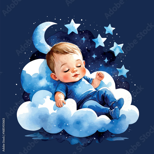 Watercolor vector of baby boy sleeping on cloud with stars, dreamy night theme, isolated on white