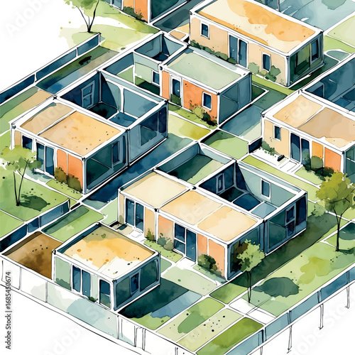 Watercolor vector architectural plan – modular housing layout in muted palette, isolated
