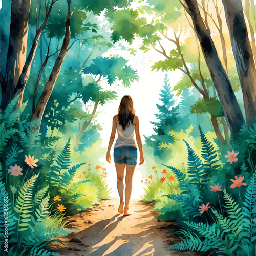 Watercolor vector walking barefoot in forest, metaphor of natural healing and grounding