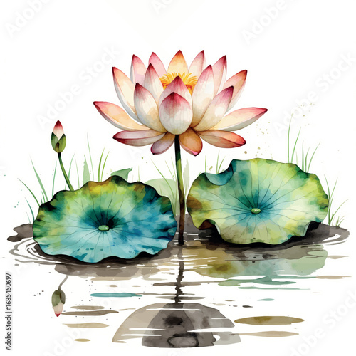 Watercolor vector lotus flower blooming from mud, symbol of renewal and spiritual rebirth