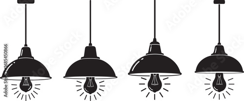 Four vintage industrial pendant light fixtures in a row silhouette
