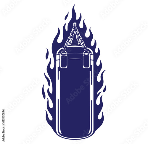 Stylized blue punching bag and flames design representing strength and fitness