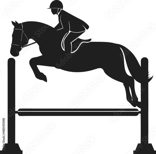 A silhouette of a rider and horse during a show jumping event. The horse is mid-air, clearing the obstacle
