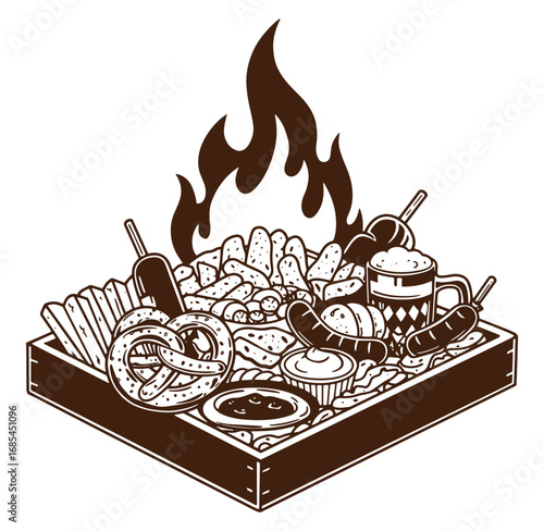 Traditional german food platter featuring pretzels sausages mustard and beer illustration