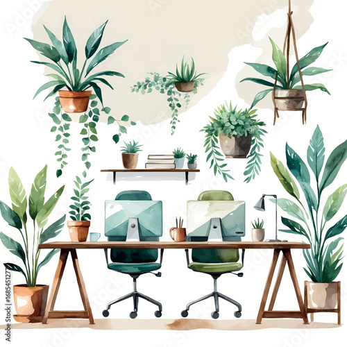 Watercolor vector modern company workspace with standing desks and minimalist decor, isolated