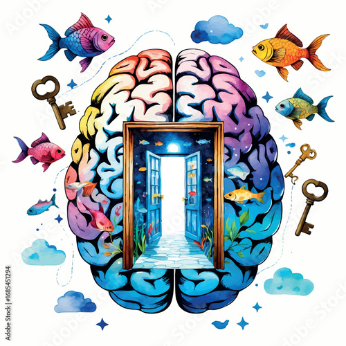 Watercolor vector symbolic lucid dream door inside mind, isolated on white