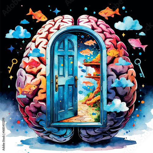 Watercolor vector symbolic lucid dream door inside mind, isolated on white