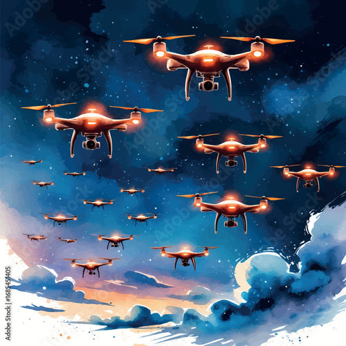 Watercolor vector drone swarm in flight – coordinated UAV technology concept, isolated