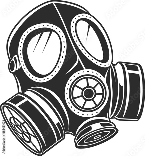 A detailed illustration of a gas mask, a symbol of protection and resilience. The mask's design is intricate, suggesting readiness and safety