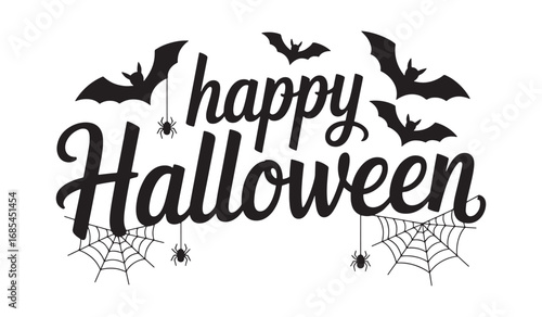 Spooky happy halloween text with bats and spiderwebs for festive greetings white background