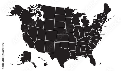 United states map with states clearly demarcated showing geographic divisions white background