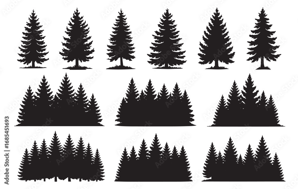 Obraz premium Diverse evergreen tree silhouettes collection for natural landscape designs and forest scenes white background