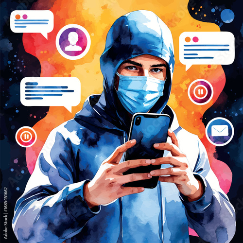 Watercolor vector scammer with phone – mobile phishing and fraud concept, isolated